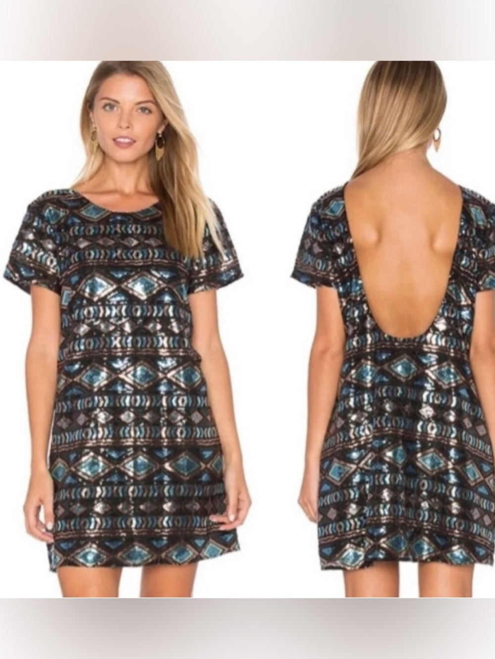 Show Me Your Mumu Sequin Open Back Shift Mini Dress Blue Black Medium